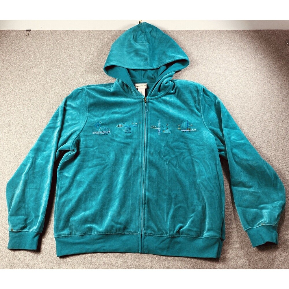 Vintage Napa Valley Velvet Embroidered Hoodie Turquoise Size L Padded